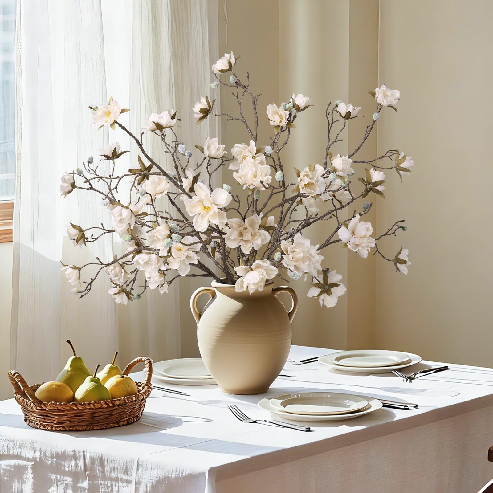 HyeFlora 3PCS Artificial Magnolia Flowers Stems for Spring Decoration, Faux C…