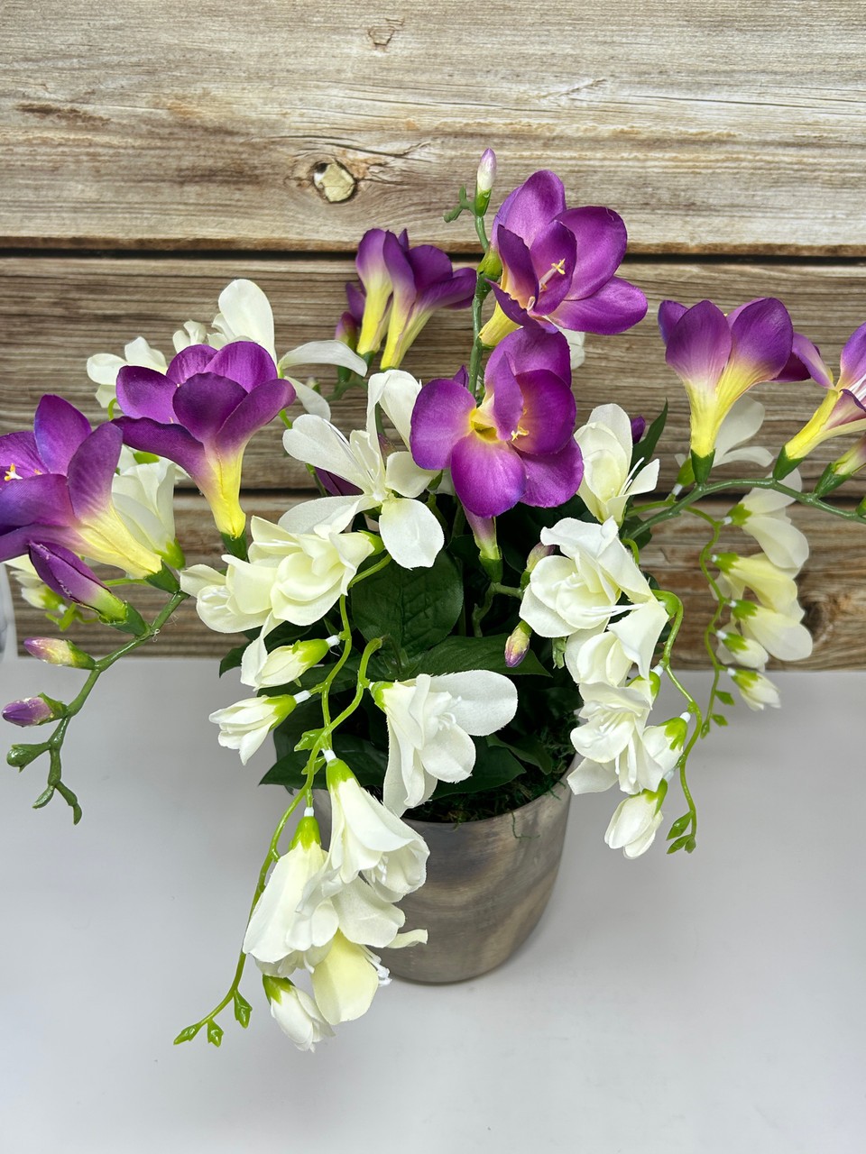 15″ Silk White & Purple FREESIA flowers in 5″ rustic Silver Metal Pot, handmade