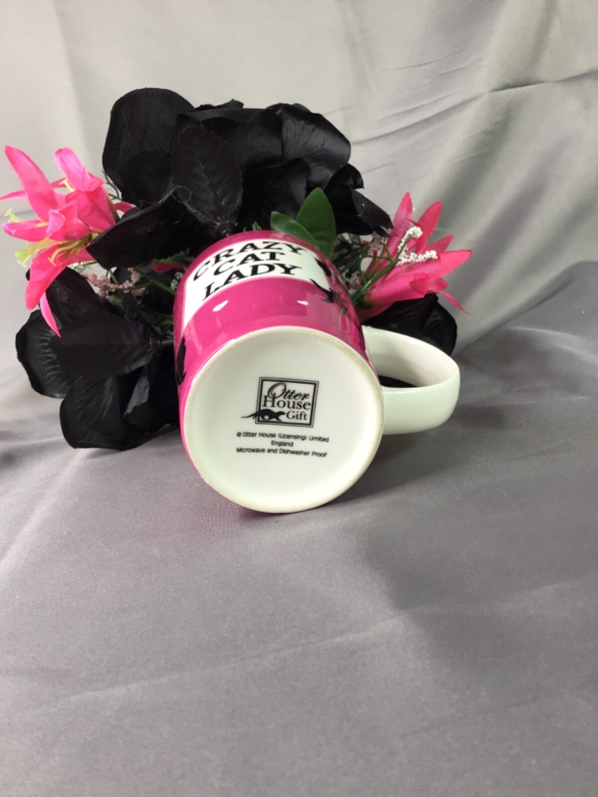 Crazy Cat Lady Pink Tall Coffee Mug Black Roses Eyeballs Flower Arrangement