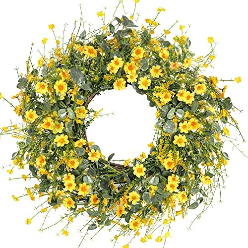 Sggvecsy Daisy Wreath 24 Inch Spring Summer Wreath Fake Silk Floral Yellow