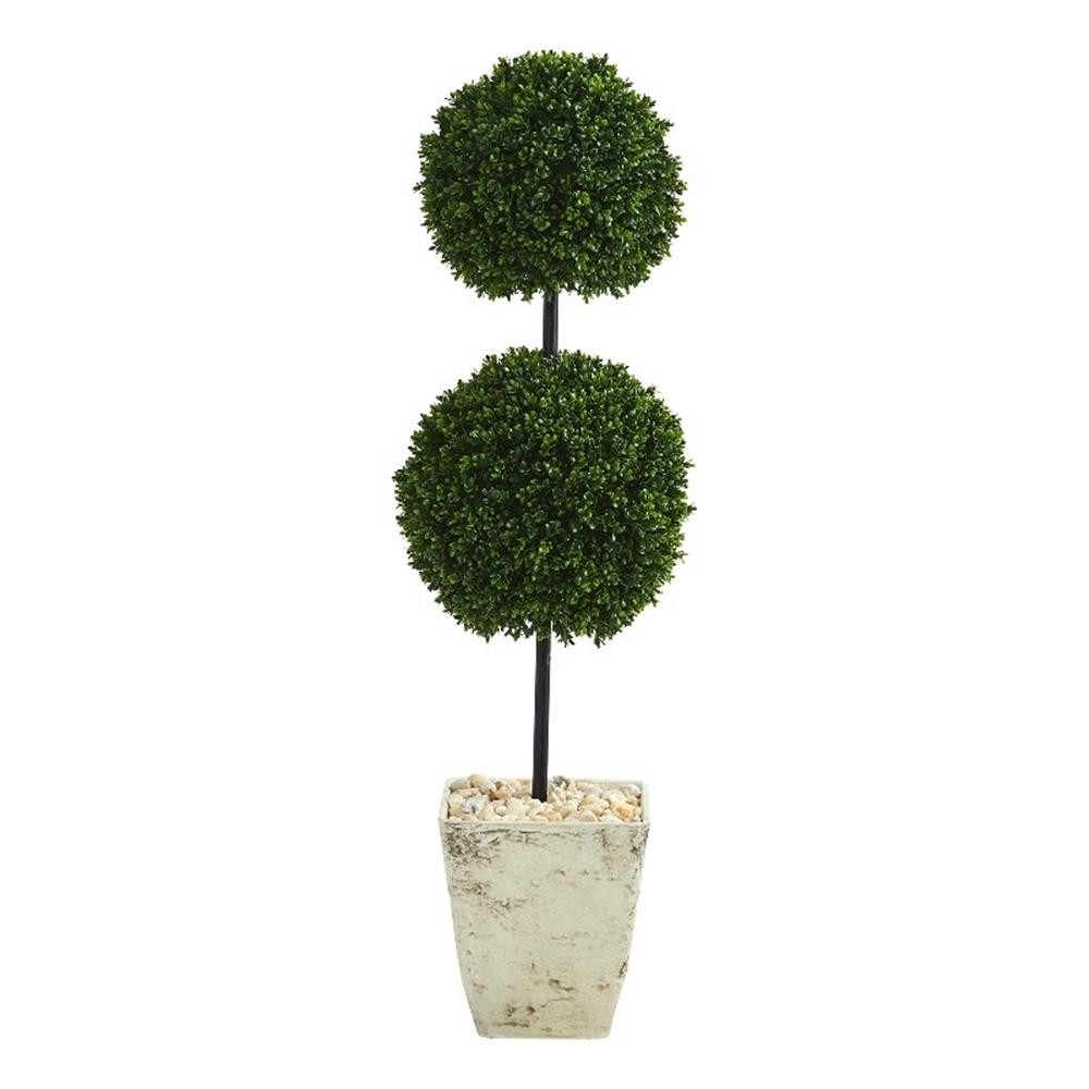 Nearly Natural 4ft Boxwood Double Ball Topiary Tree in Country White Planter