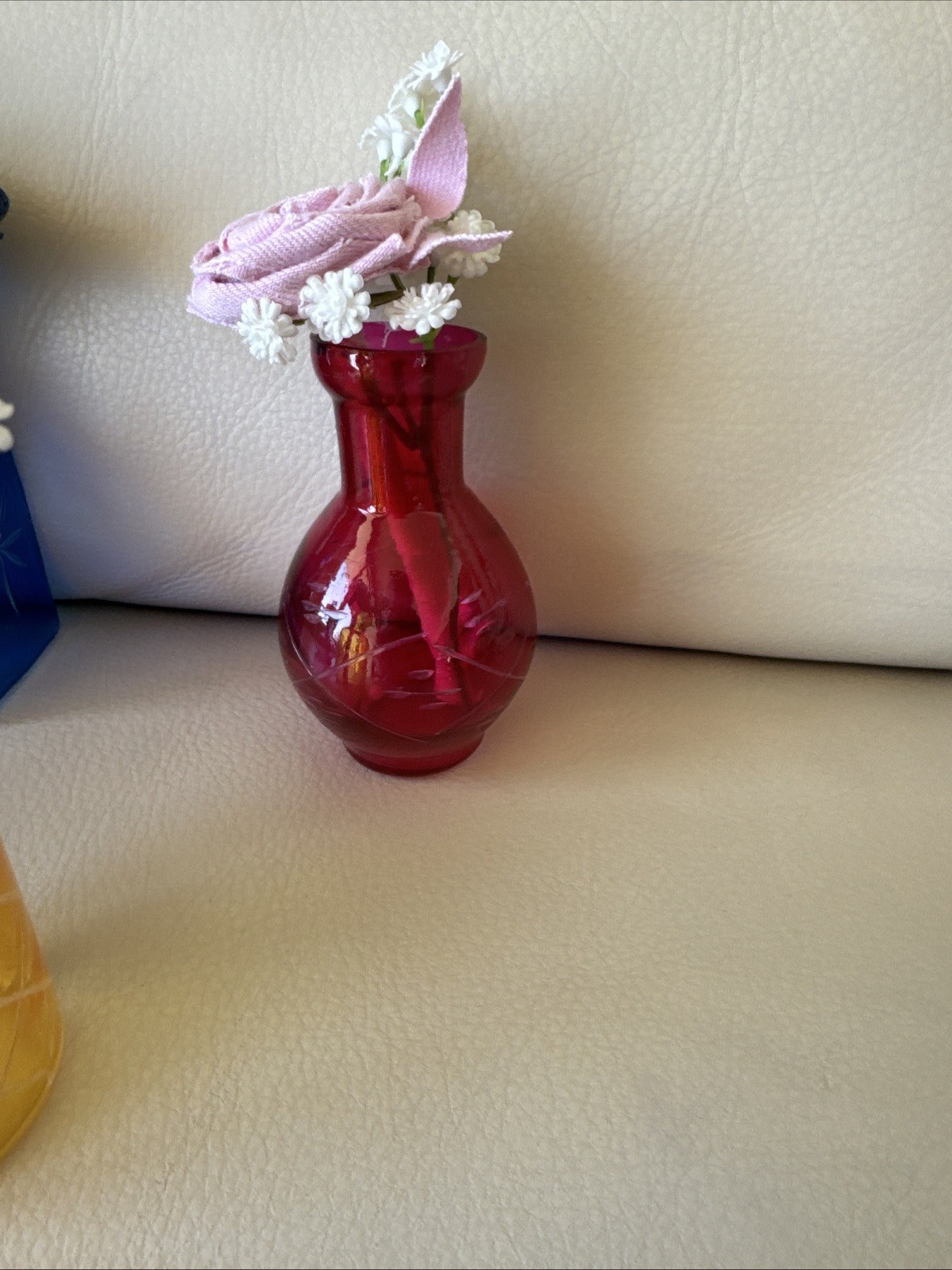 Five Small Upcycled 3 1/2” Vases With Coordinating Colors Handmade Denim Roses