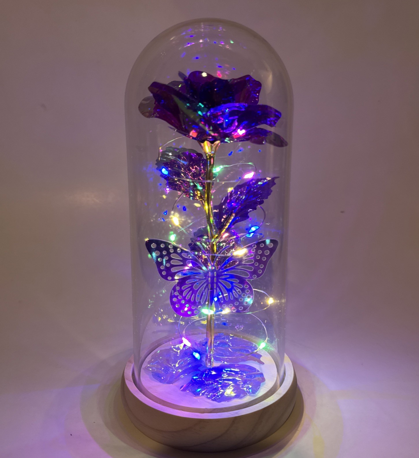 LED Eternal Rose Glass Dome Lamp Multicolor Fairy Lights Butterfly 8.5” Decor