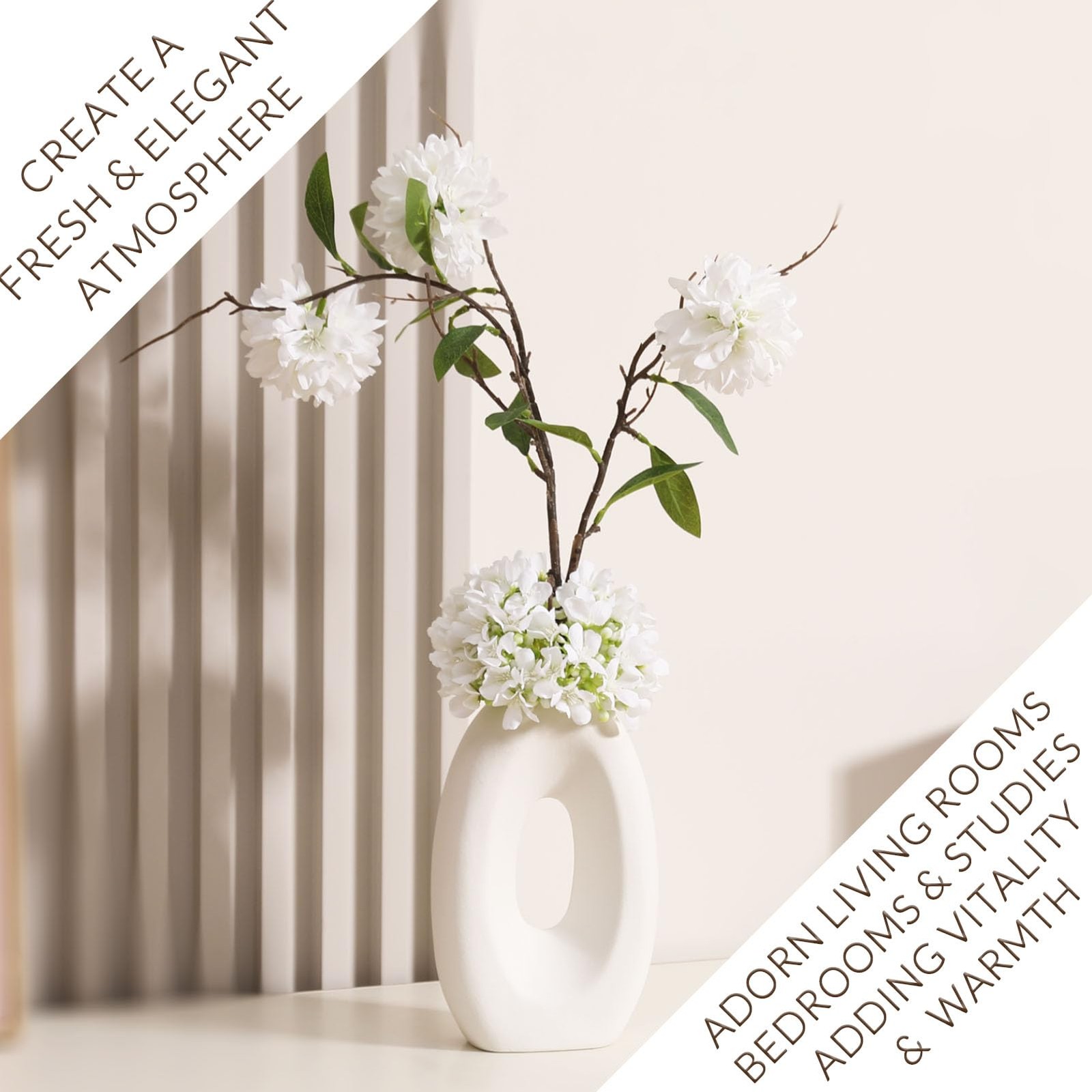 Fake Flower Bouquet and Vase Set Faux Silk Arrangement White Blossoms