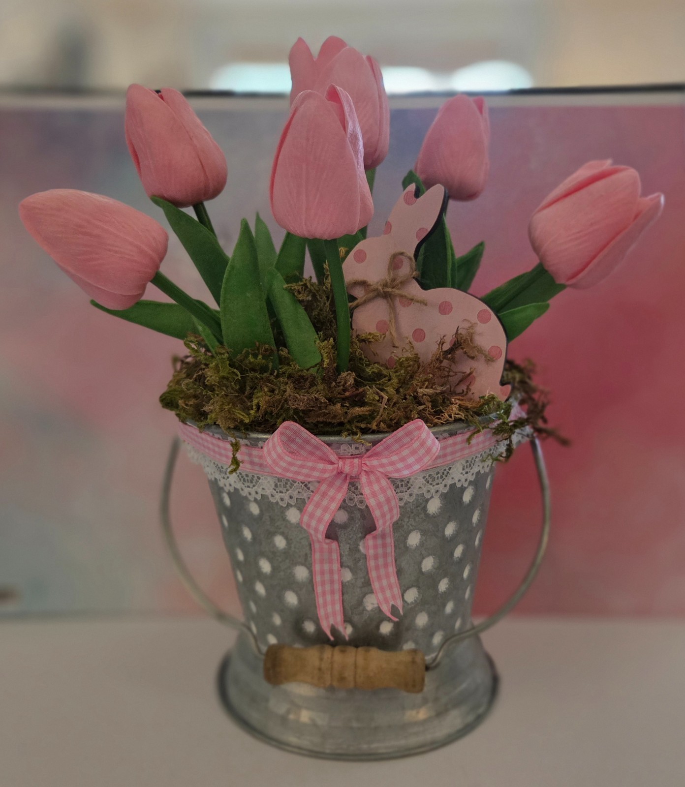 Cottagecore Pink Tulip Arrangement/Easter Bunny Decor/Spring Farmhouse
