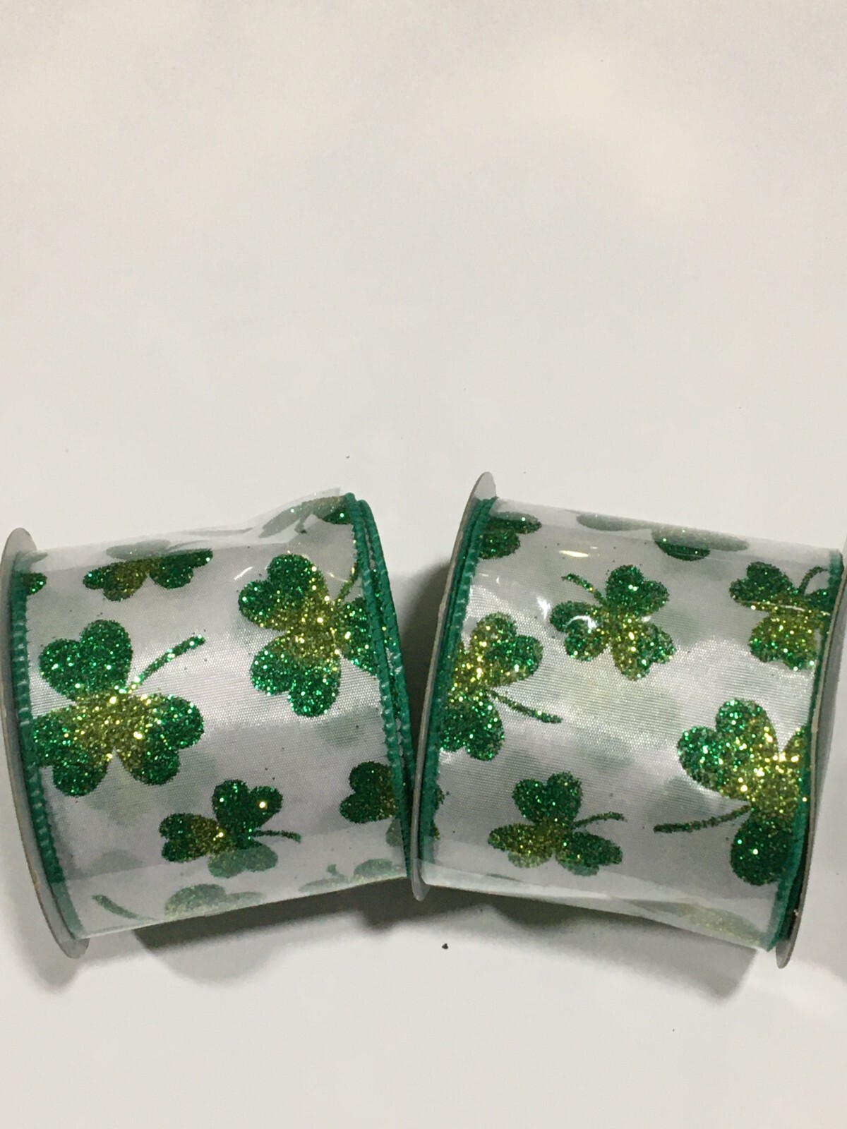 ST PATRICKS DAY 2.5″ WIRED GLITTER SHAMROCK RIBBON 6 YARDS X 2 ROLLS FREE SHIP
