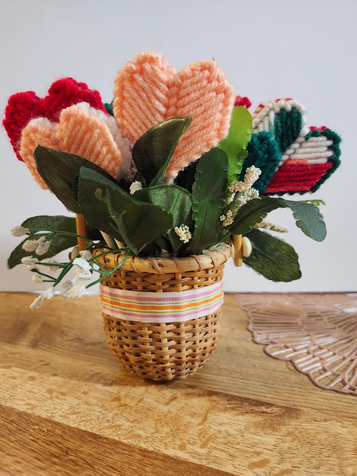 Basket of Heart Flowers Crochet Vintage Handmade