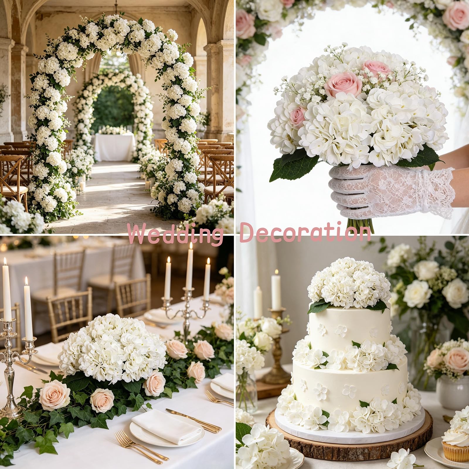 6pcs White Hydrangea Artificial Flowers Silk Fake Hydrangeas Faux Hydrangea F…