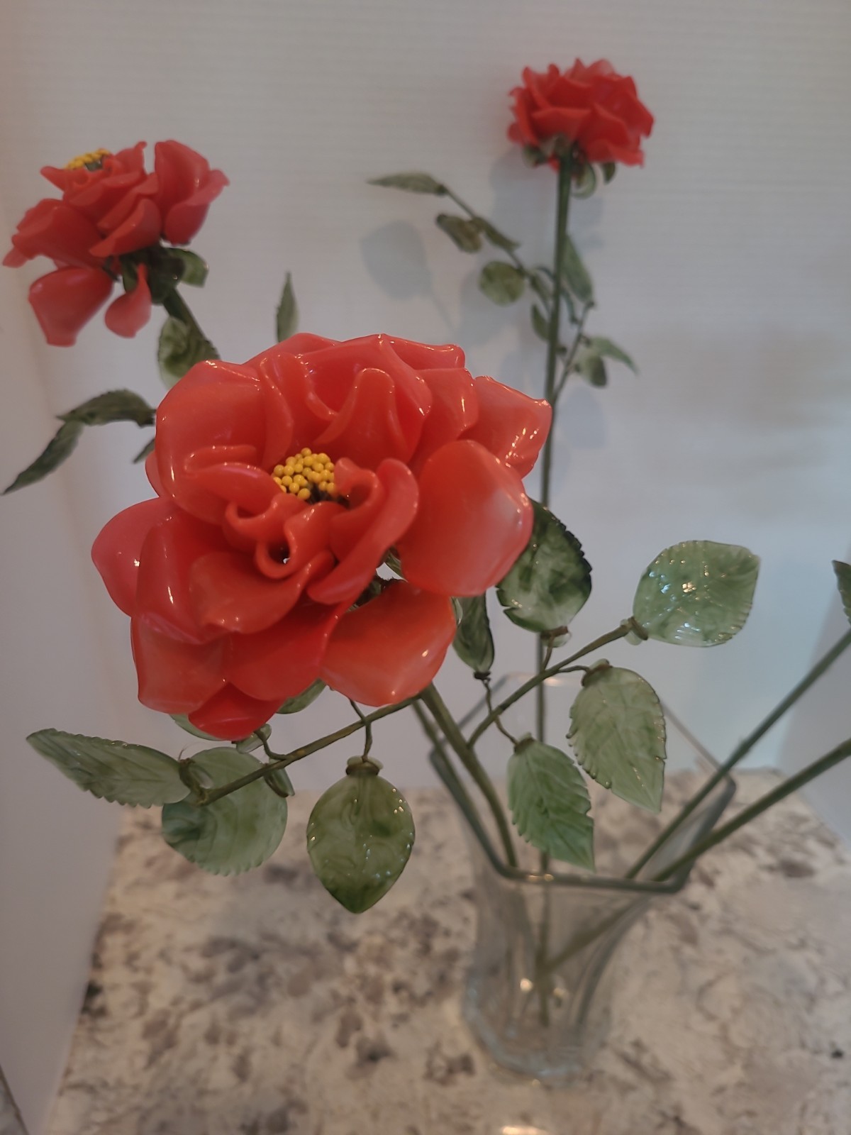 5 Vintage Porcelain Flowers With Plastic Stems Red Orange 25″ Long Stem