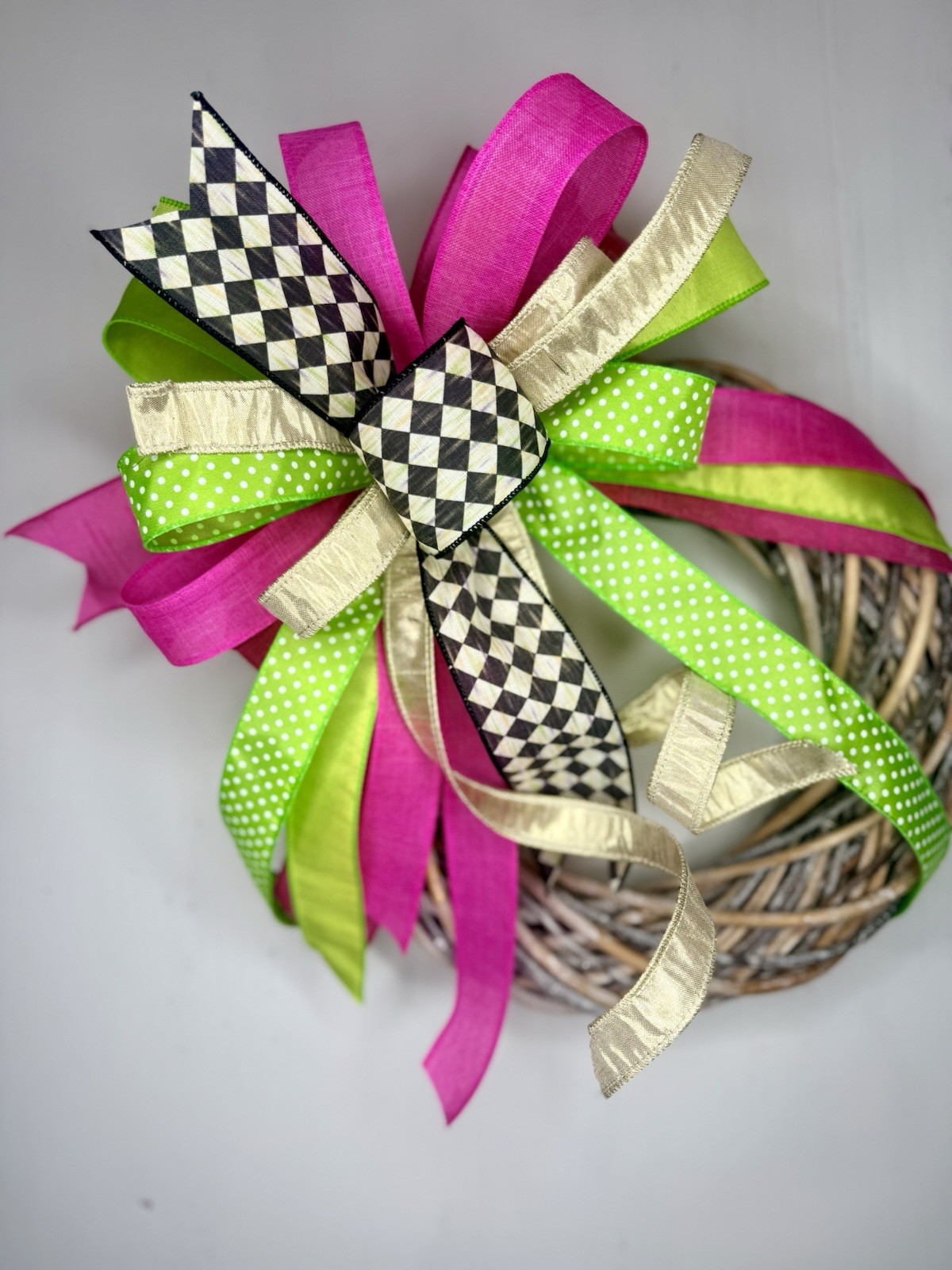 Easter Bow, Spring Bow, Harliquin Ribbon Wreath Decor