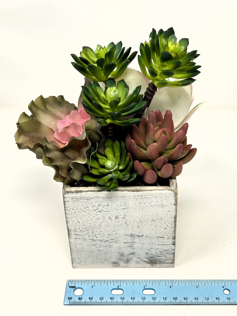9″ Artificial MAUVE PINK mixed Succulent Garden #17, White Wooden Box Planter