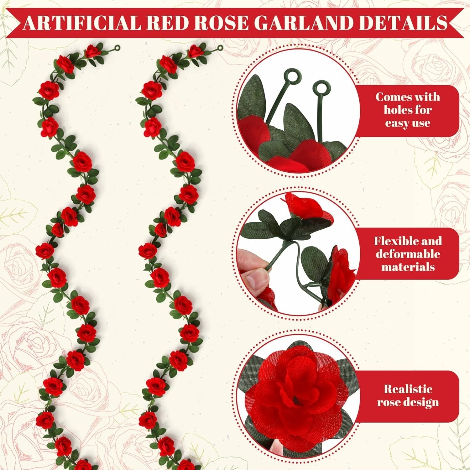 2 Pack Red Rose Garland Fake Flowers Artificial Vine Wedding Arch Derby Backdrop