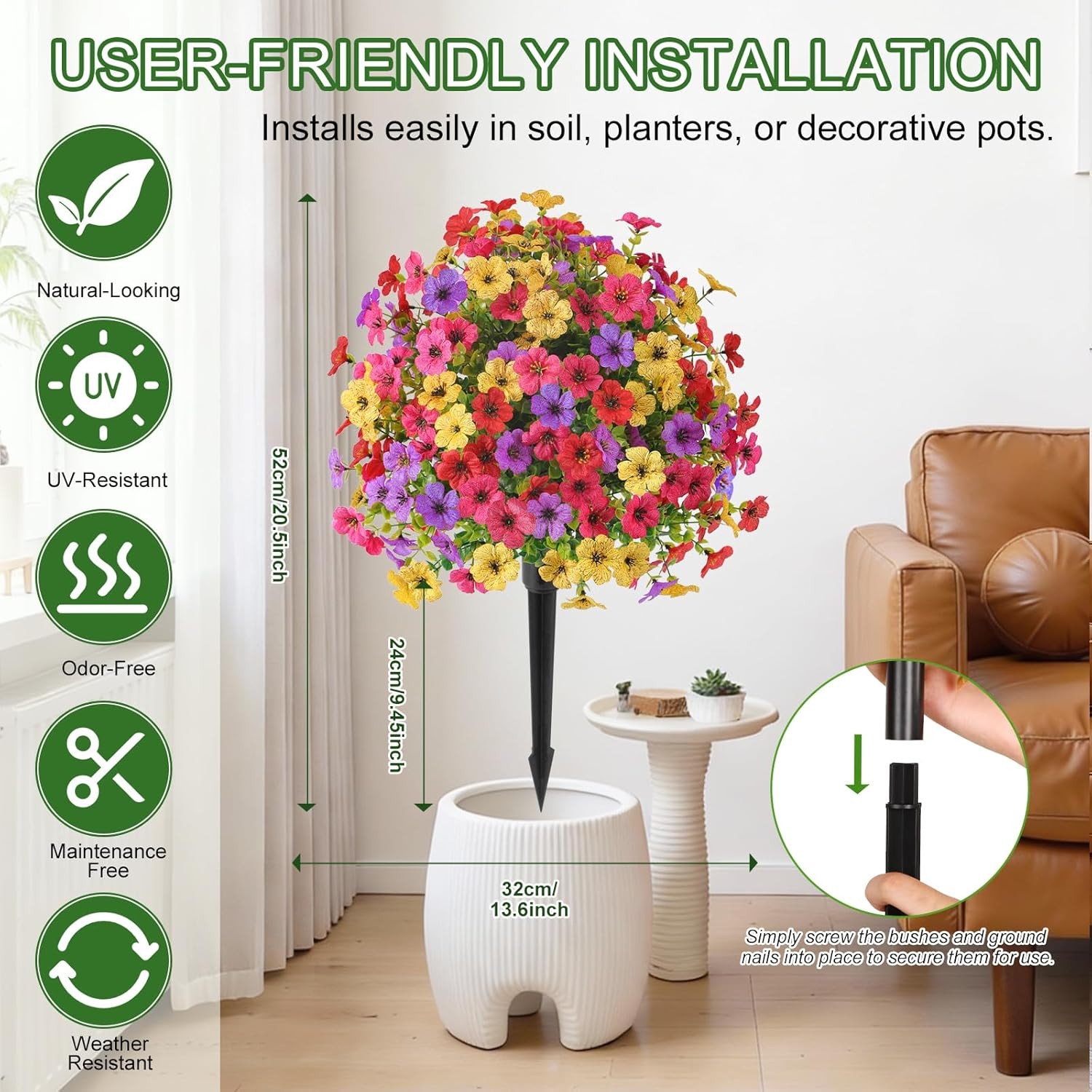 2Pcs 20″ Artificial Topiary Ball Flowers for Outdoors, Spring Decoration with Sp