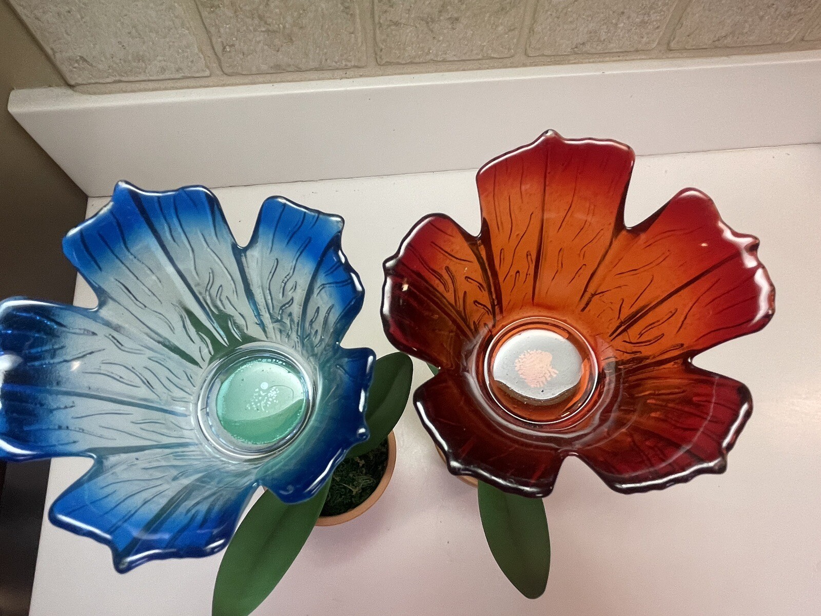 Pair of Glass and Metal Potted Red and Blue Tulip Votives