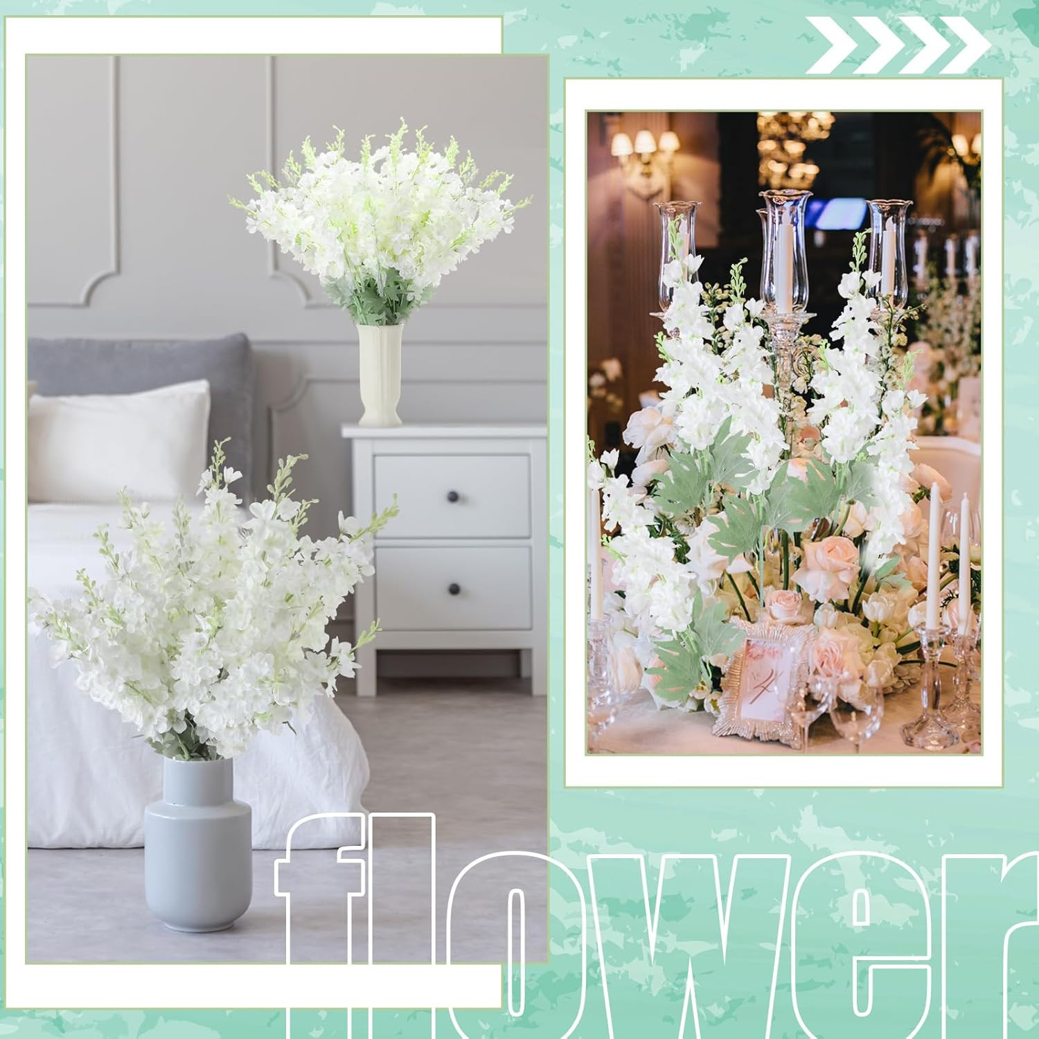 50 Pcs White Delphinium Faux Silk Flowers for Wedding & Home Decor