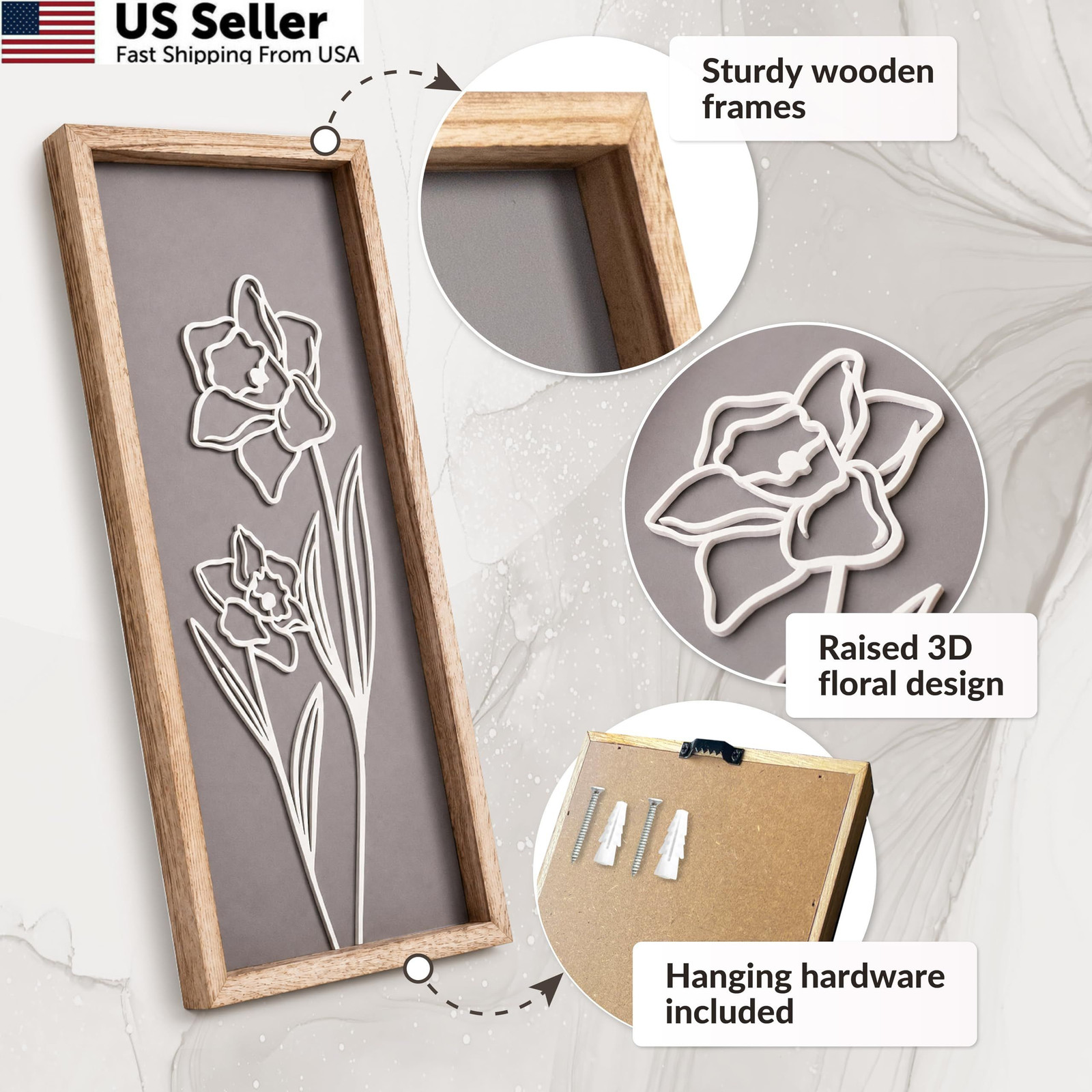 3D Wooden Floral Bathroom Wall Decor (Set of 4) 7″ x 16″, Naturals