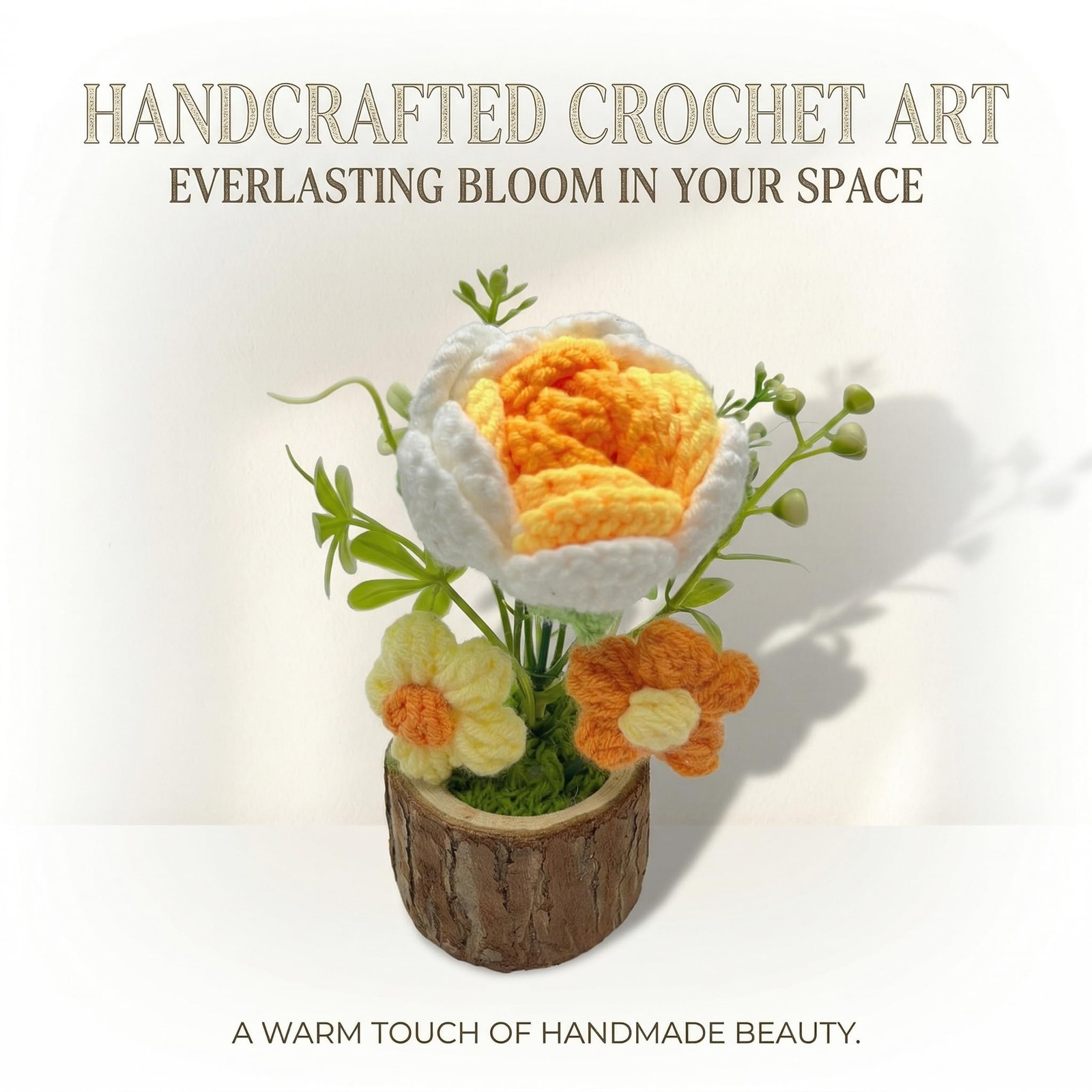 Crochet Flower Gift – Handmade Knitted Yellow Rose Mini Potted Arrangement, E…