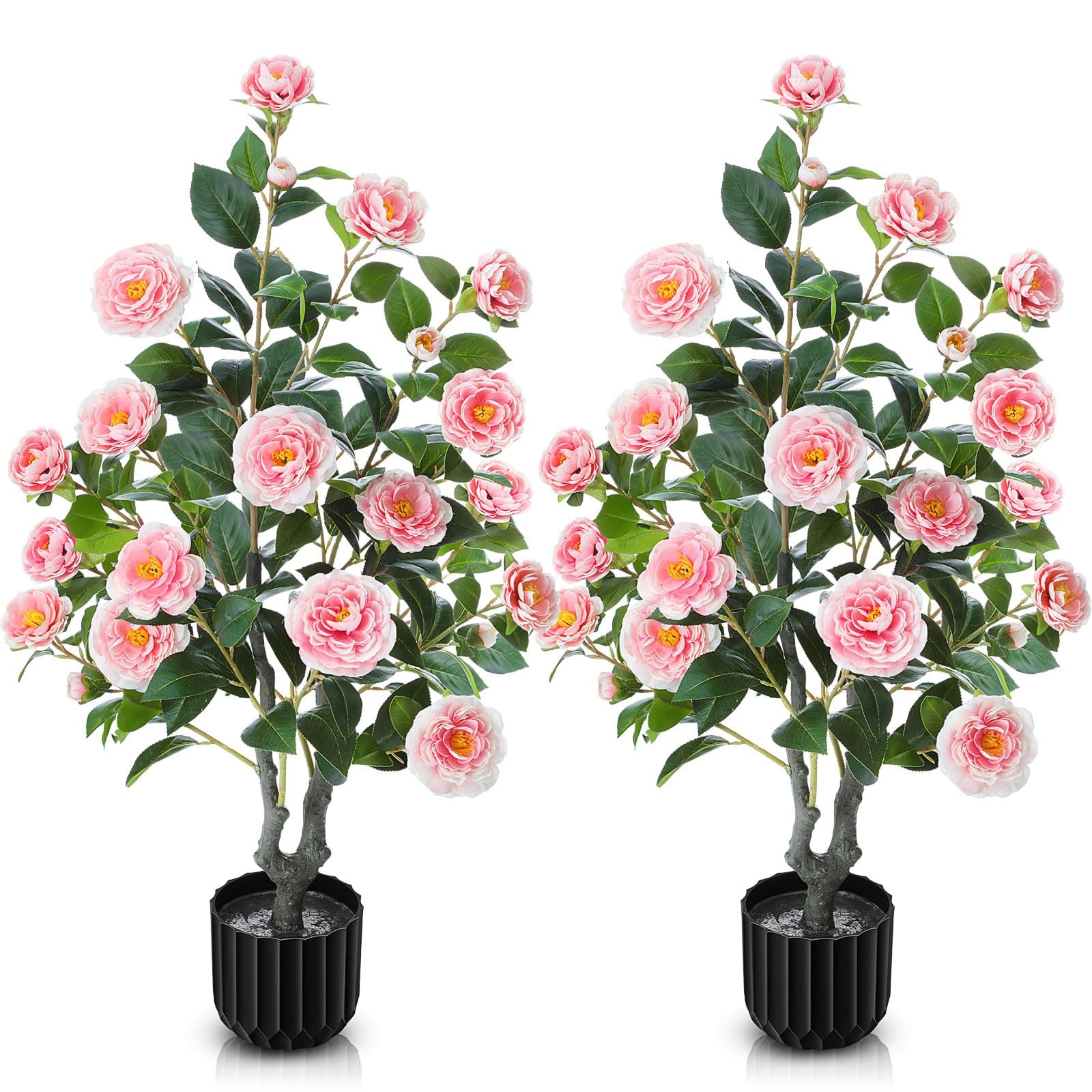 2 Pack 3.2 Ft Artificial Camellia Outdoor Trees Fake Faux Floral Flower Bloom…