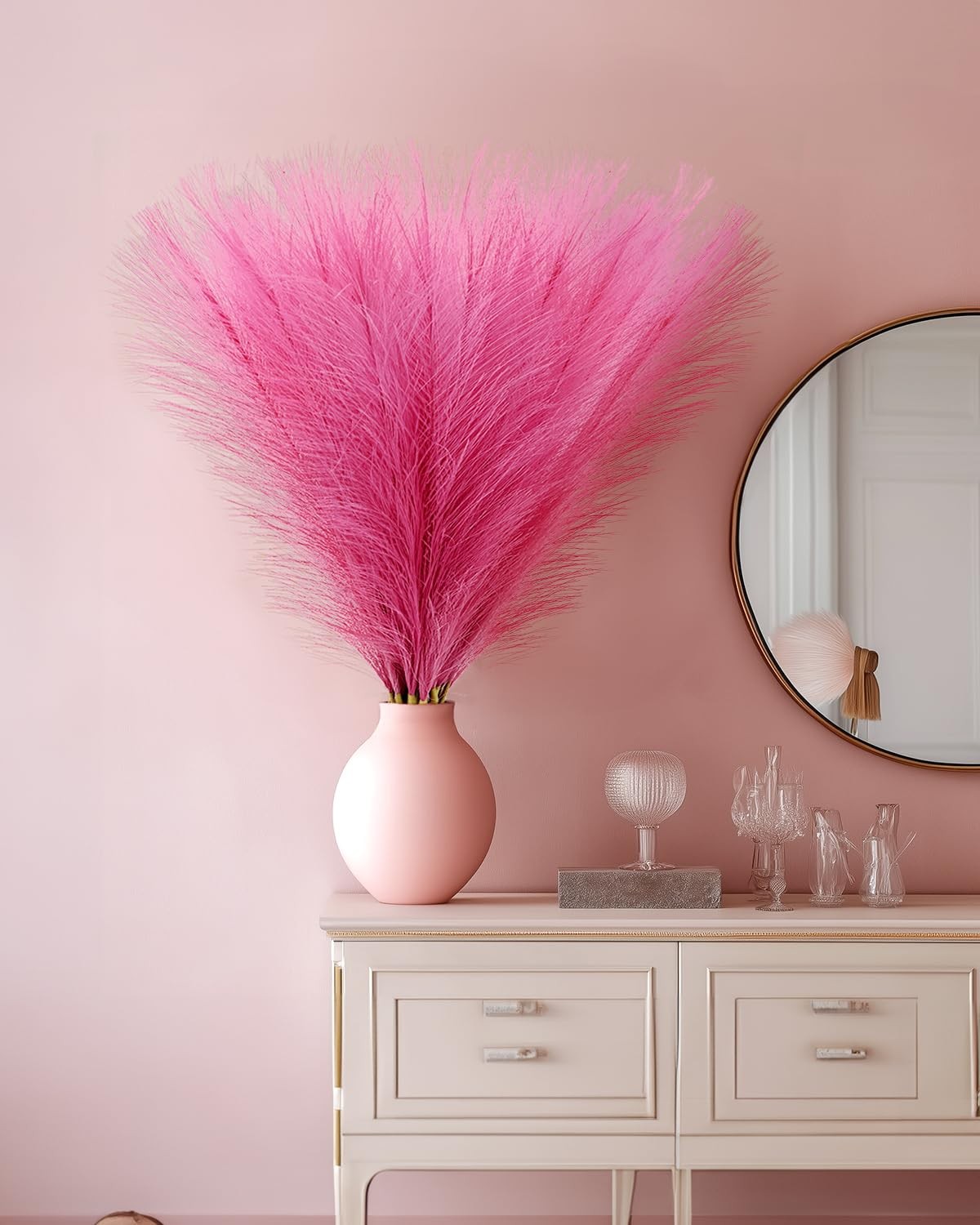 60pcs Faux Pampas Grass Decor, 17.7inch Hot Pink Short Artificial Pompous Gra…
