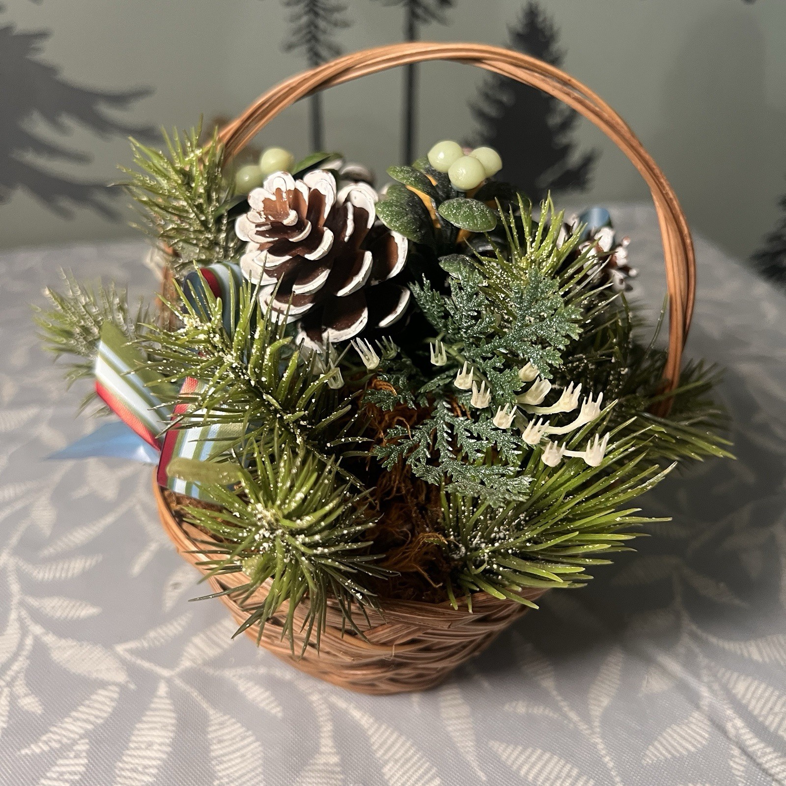 Festive Artificial Christmas Floral Arrangement In Small Round 6” Woven Basket