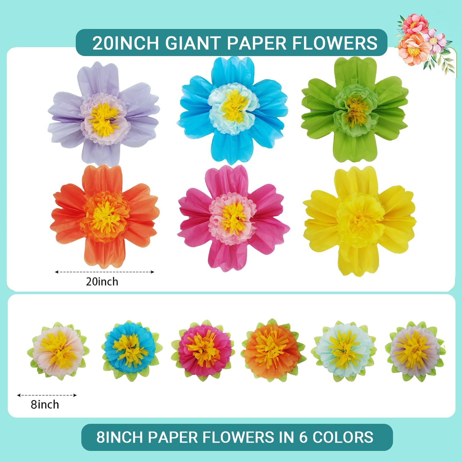 12 PCS 20″ Giant Rainbow Tissue Paper Flower Set Large Mexican Fiesta Backdrop
