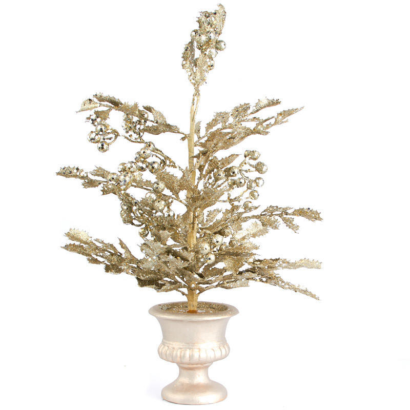 Set of 2 Sparkling Gold Artificial Holly 20″ Topiary Trees