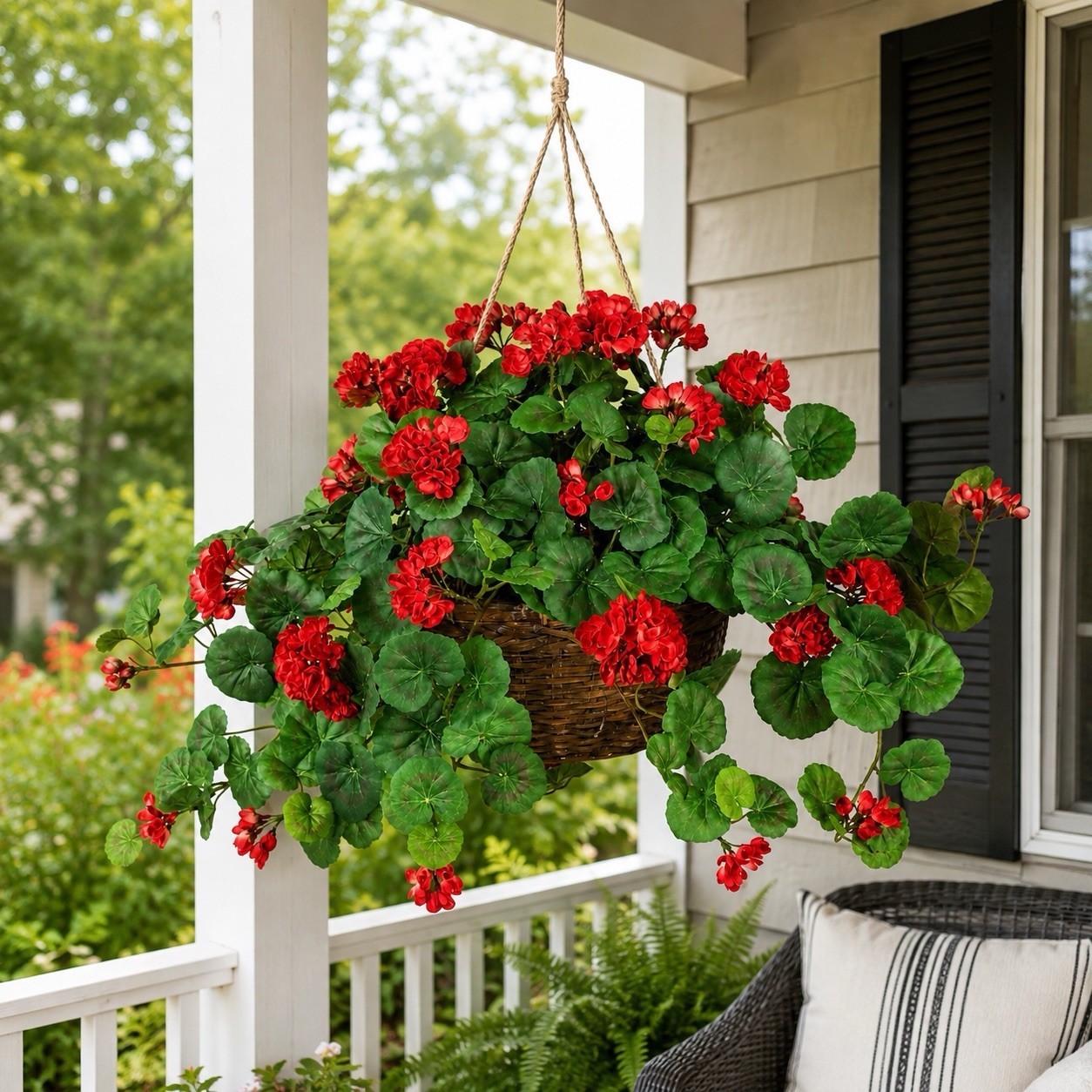 24″ Artificial Flowering Geranium Plant in Hanging Basket Home Decor