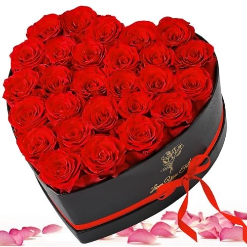 27 Fresh Preserved Roses in Heart Box – Eternal Real Flowers for Her, Anniversar