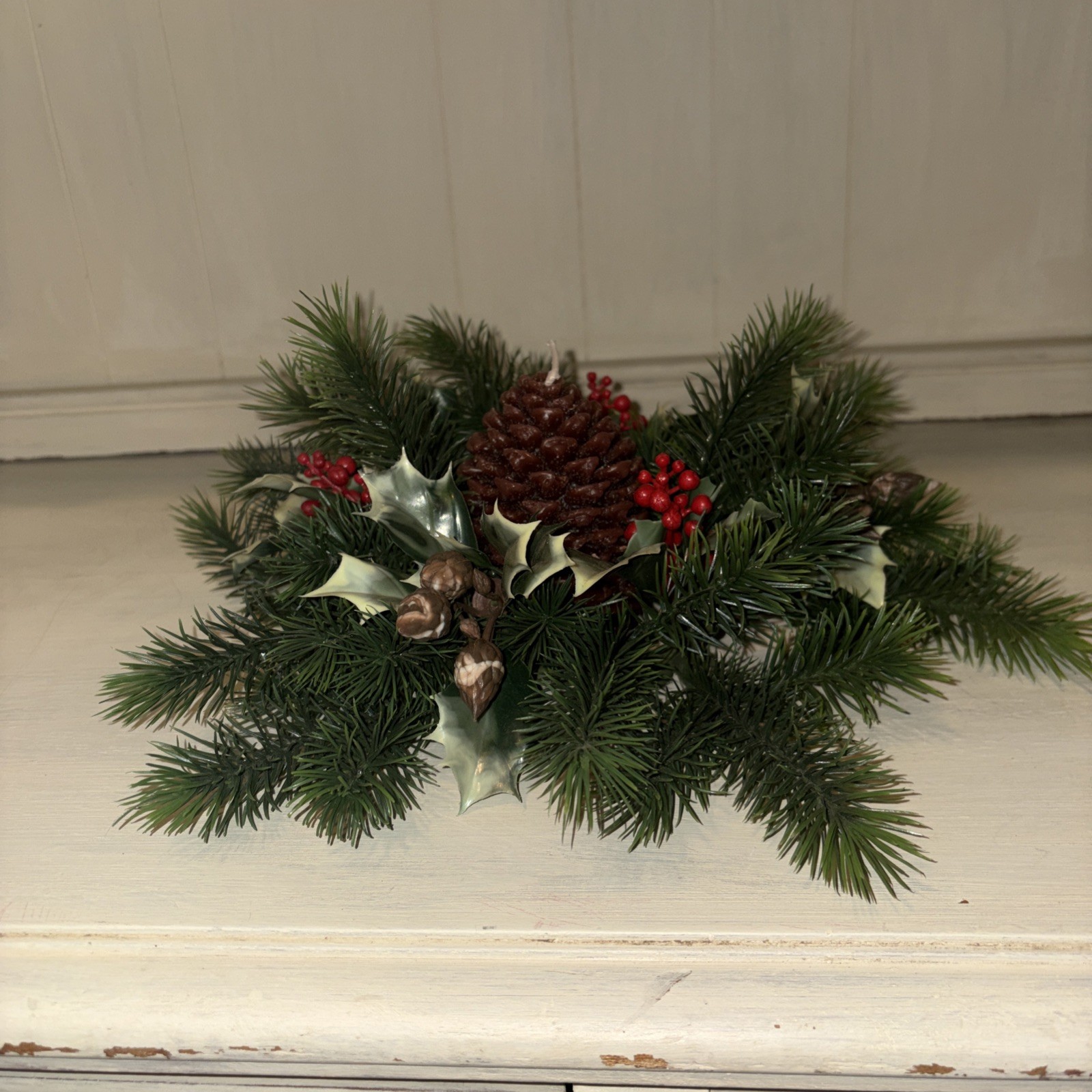 12 ” HOLLY &PINE CANDLE RING center 4.5 opening0 HOLIDAY DECOR