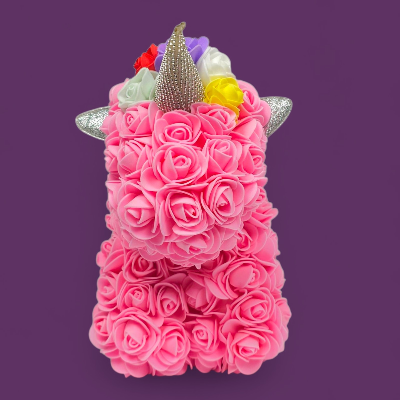 Rose Unicorn Gift – Pink Foam Flowers, Rainbow Mane, “Just For You” Box Damaged