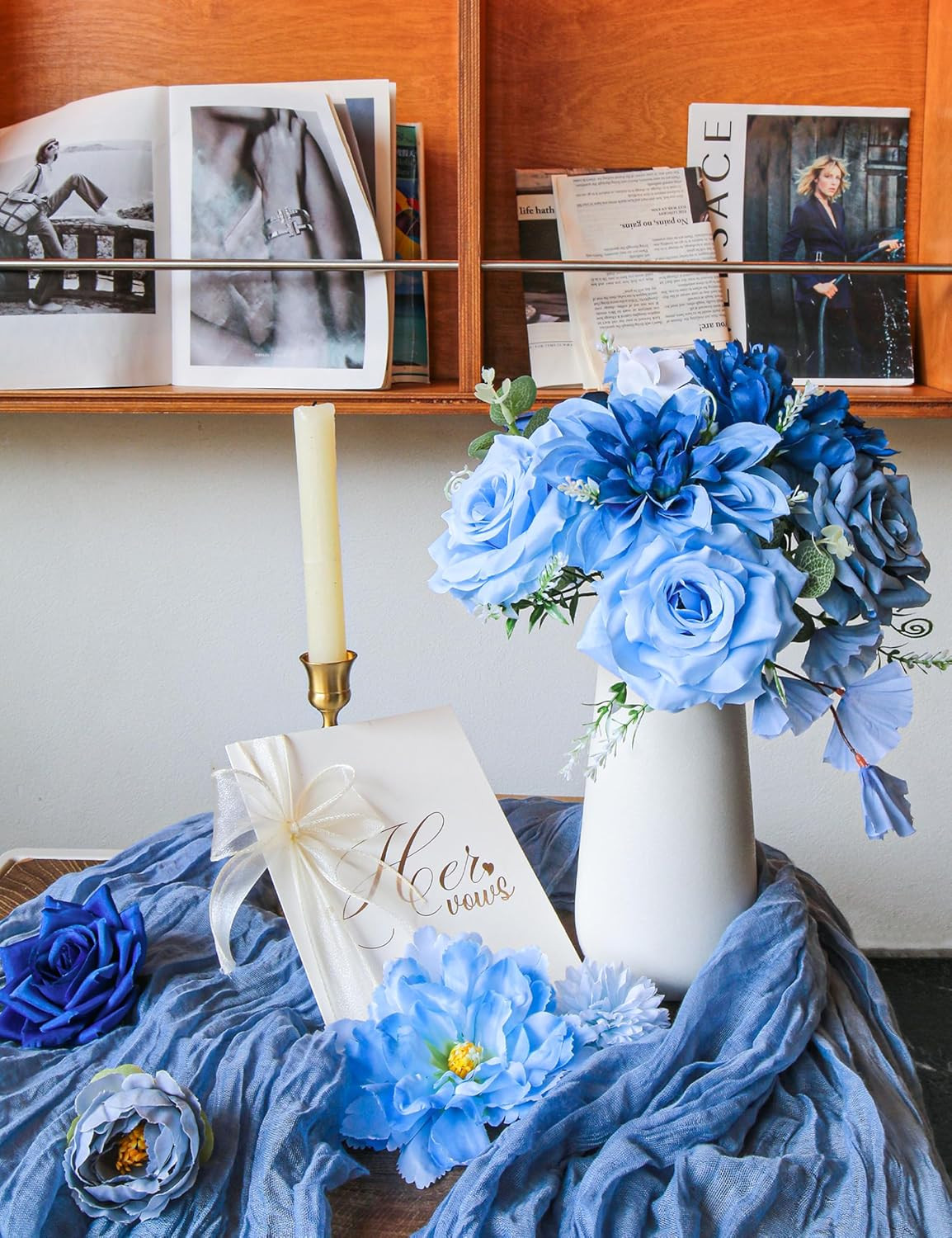 Blue Artificial Flowers Bulk Set Silk Peony Rose Bouquet DIY Wedding Decor