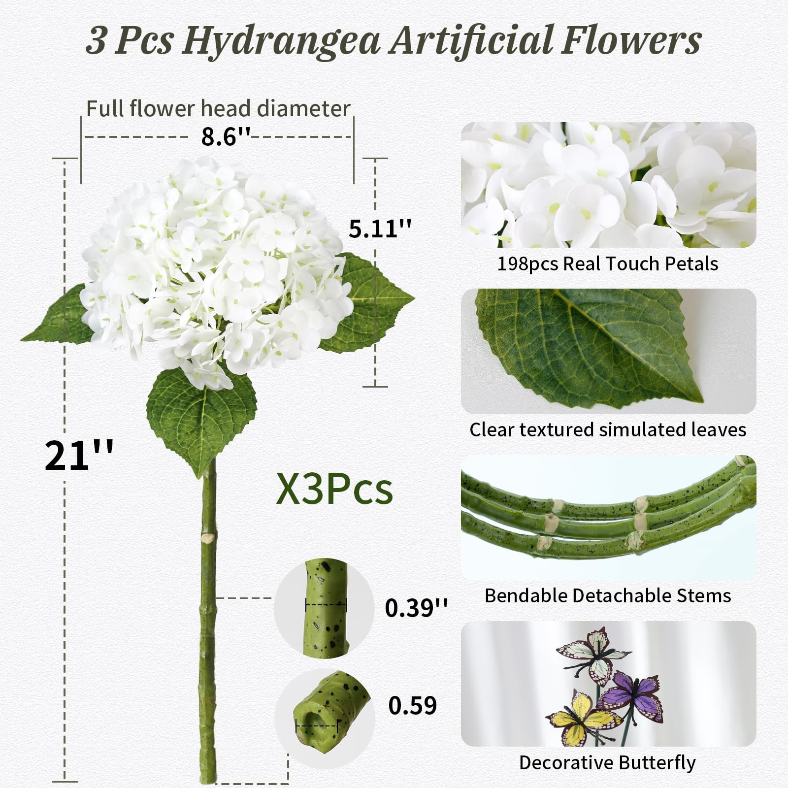 3Pcs White Hydrangea Artificial Flowers,21″ Full Large Faux Hydrangea Flowers…