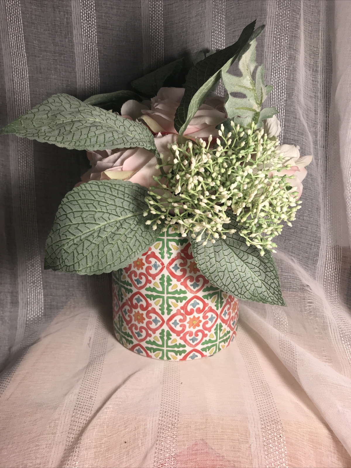 Faux Flower Centerpiece Ceramic Vase NWT Pink Cream Green Beautiful Floral Decor