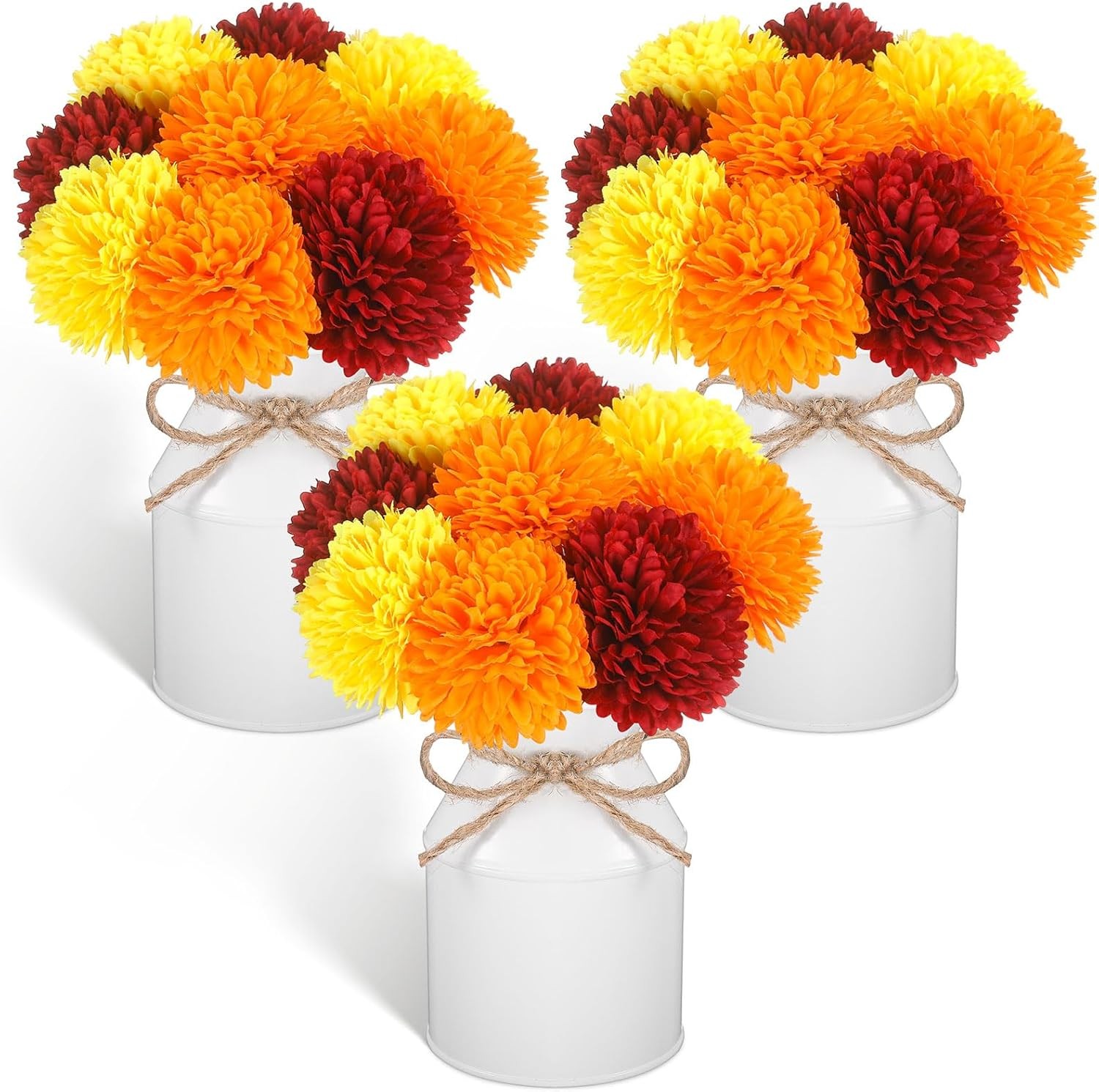 3 Sets Mexican Artificial Marigold Flowers 27 PCS Silk Mums Metal Pots
