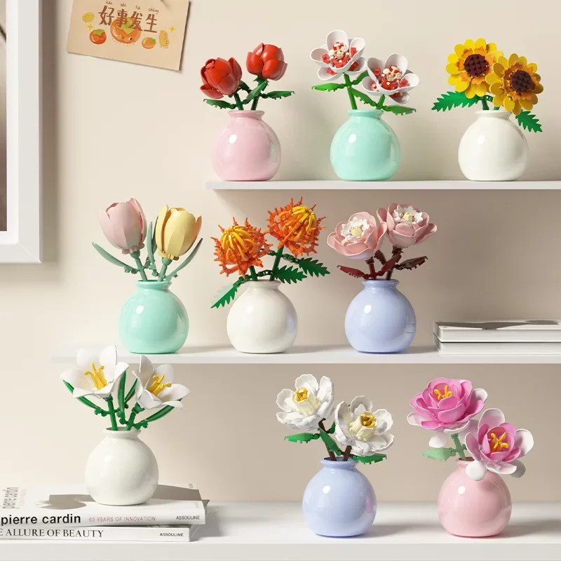 Building Block Flower Bouquet with Pot Rose Lily Desk Ornament Gift