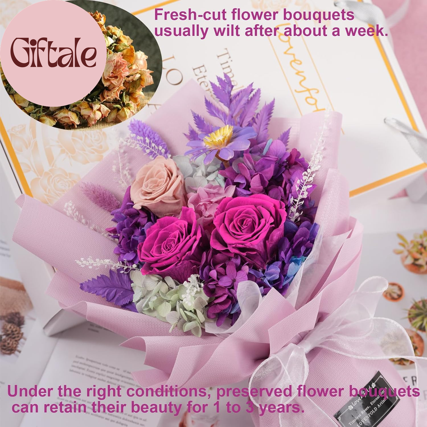 Preserved Flowers for Delivery, Purple Rose Bouquets That Last 1-3 Years, Birthd