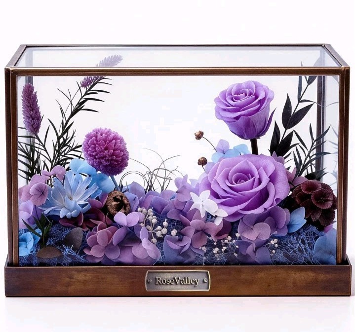 RoseValley Preserved Rose Flower Arrangement Glass & Wood Display Case 9in
