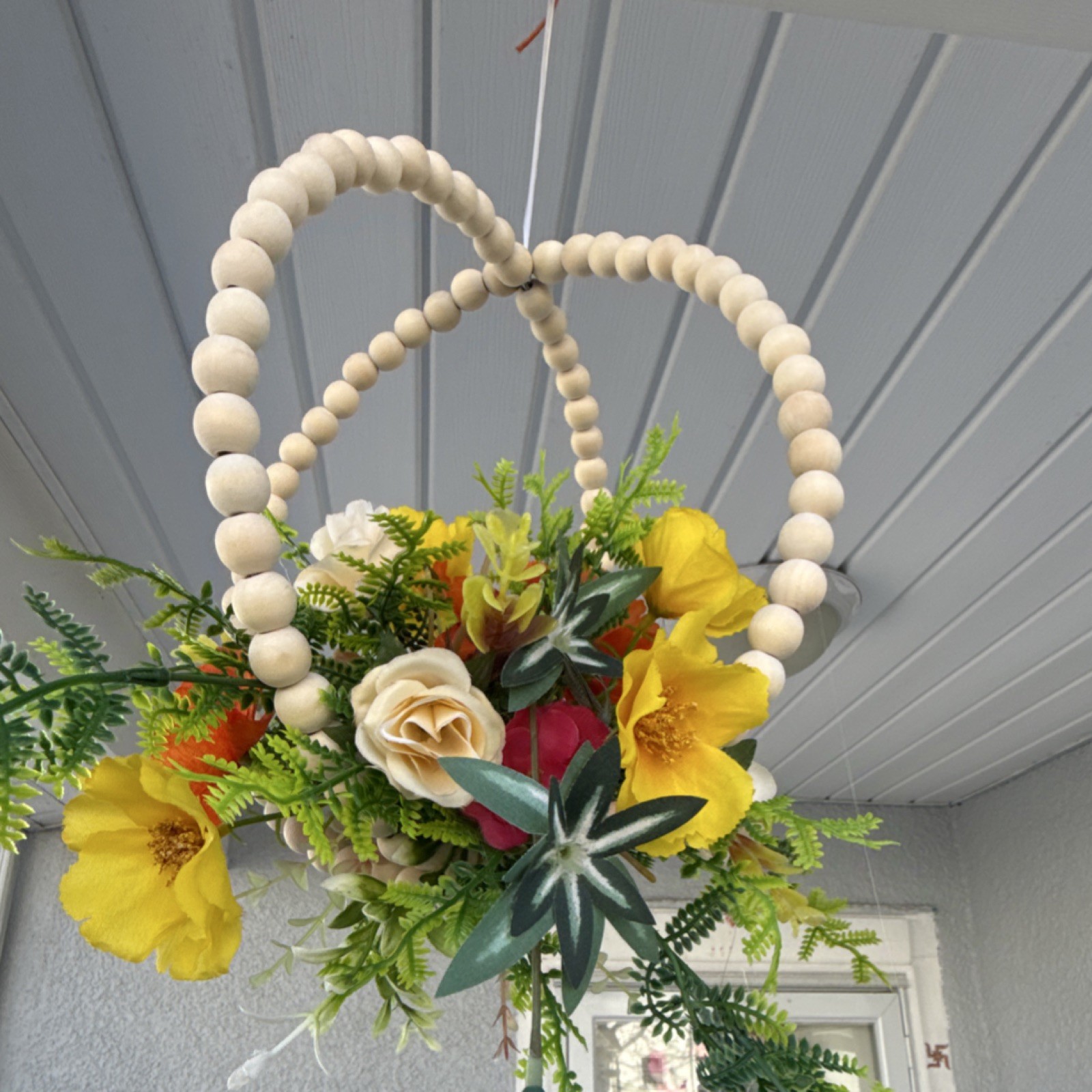 Artificial Hanging Basket Floral Arrangement with Wooden Bead Hoop, Rose, Fern