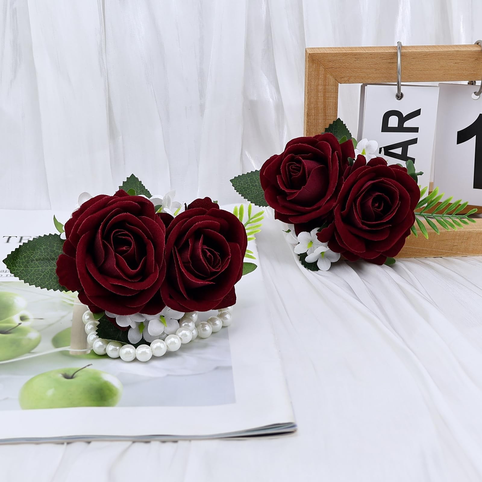 2 PCS Burgundy Rose Wrist Corsage Wristlet Band Men Boutonniere Set Wedding