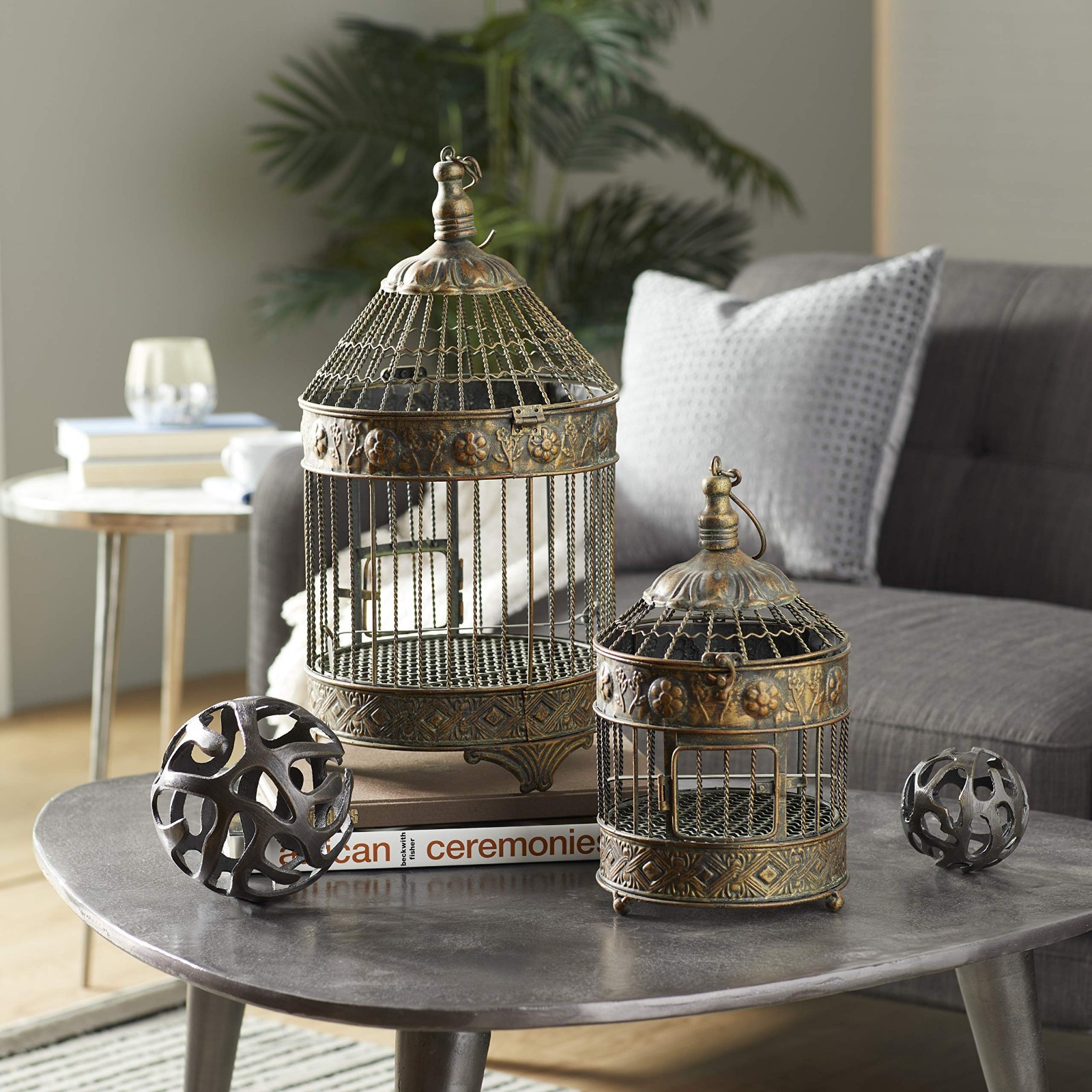 Antique Metal Floral Birdcage Set of 2 – Twisted Rod, Latch Closure, Hanging Hoo