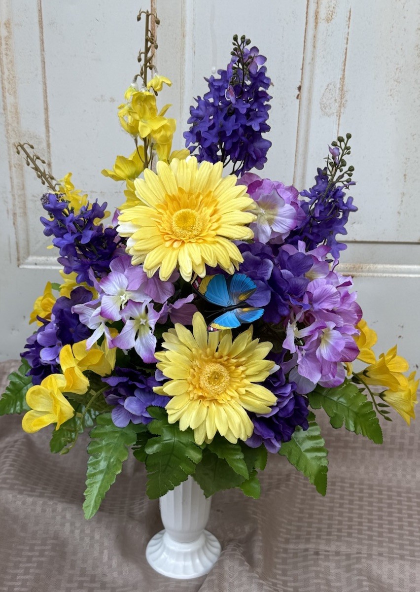 Artificial cemetery flower Arrangements Grave Flowers Purple And Yellow