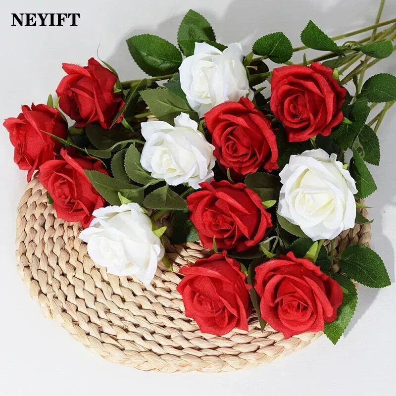 NEW 20Pcs Red Silk Roses Artificial Flowers Realistic Bouquet Home Decor Wedding