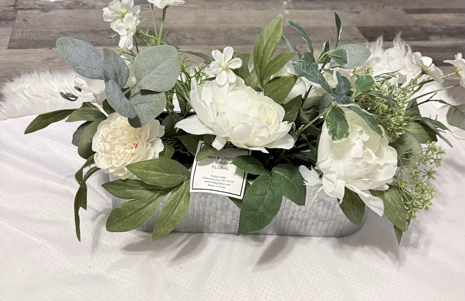 Hobby Lobby Artificial Peony Arrangement White Green Silk in Metal Container