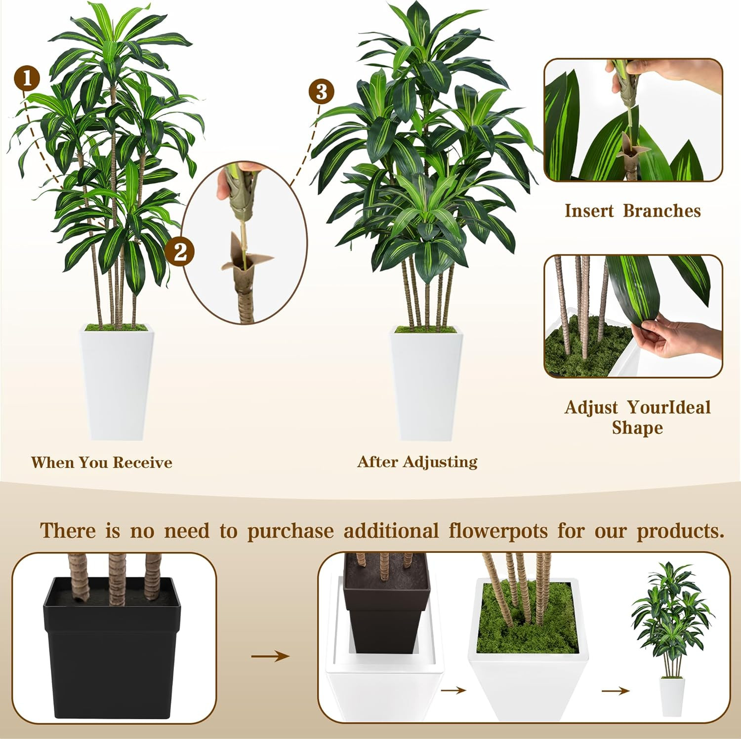 6FT Artificial Dracaena Tree, Fake Tree Indoor with White Tall Planter,Tall Arti