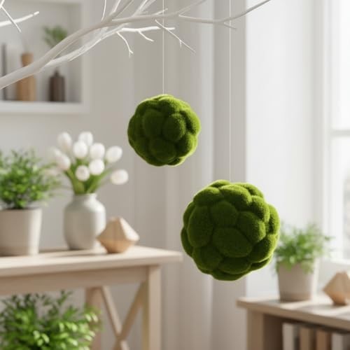 “2PCS Artificial Green Moss Balls – 10cm & 12cm Decorative Faux Grass Spheres fo