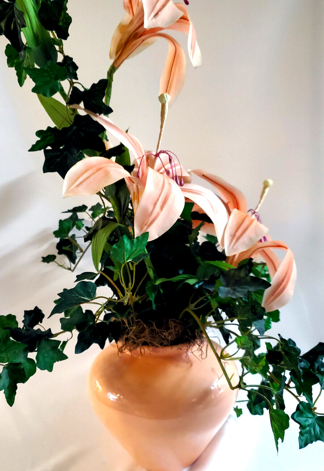 Peach Lillies & Ivy Silk Floral Centerpiece in Matching ceramic Vase