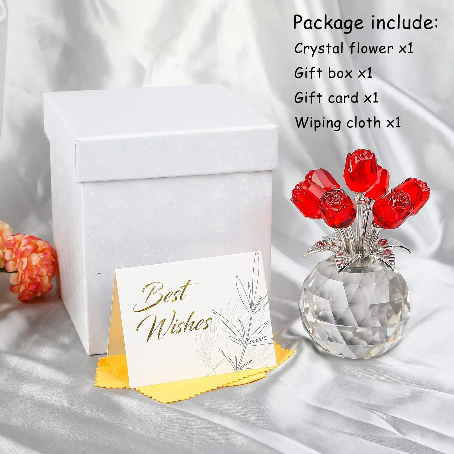 Red Rose Flower Bouquet Crystal Figurine Gifts-Ship from U.S.