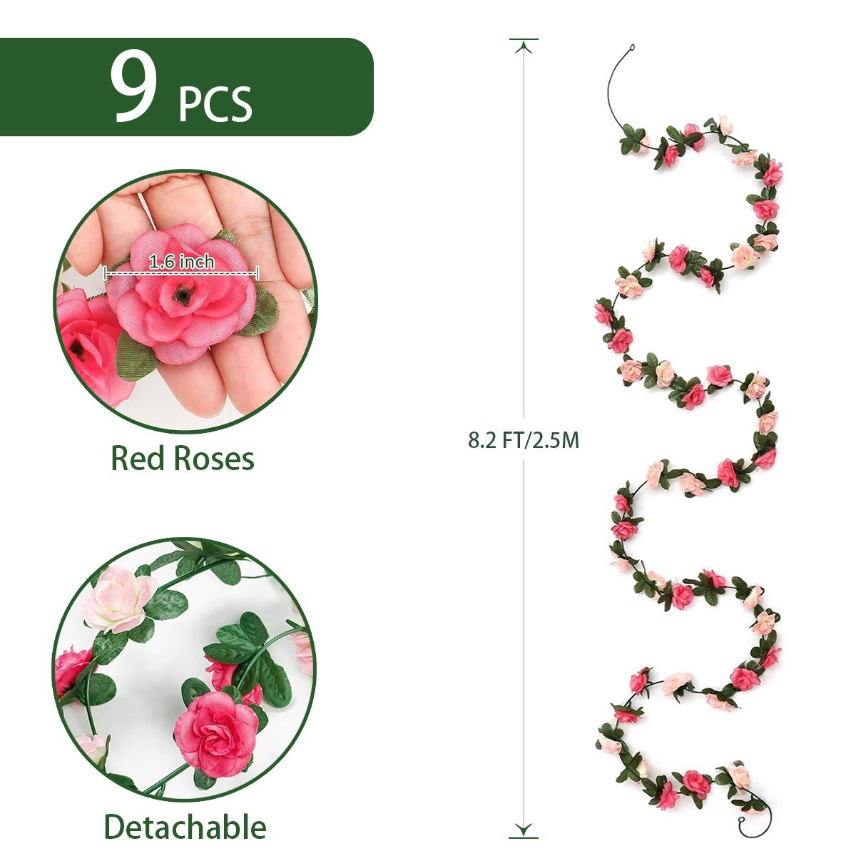 9Pcs/Set 8.2FT Artificial Rose Vine Flowers Wall Plants Hanging Rose Ivy Garland