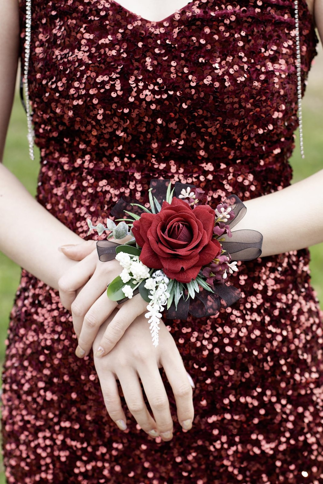 2 PCS Burgundy Black Rose Wrist Corsage Boutonniere Set Wedding Prom Flowers