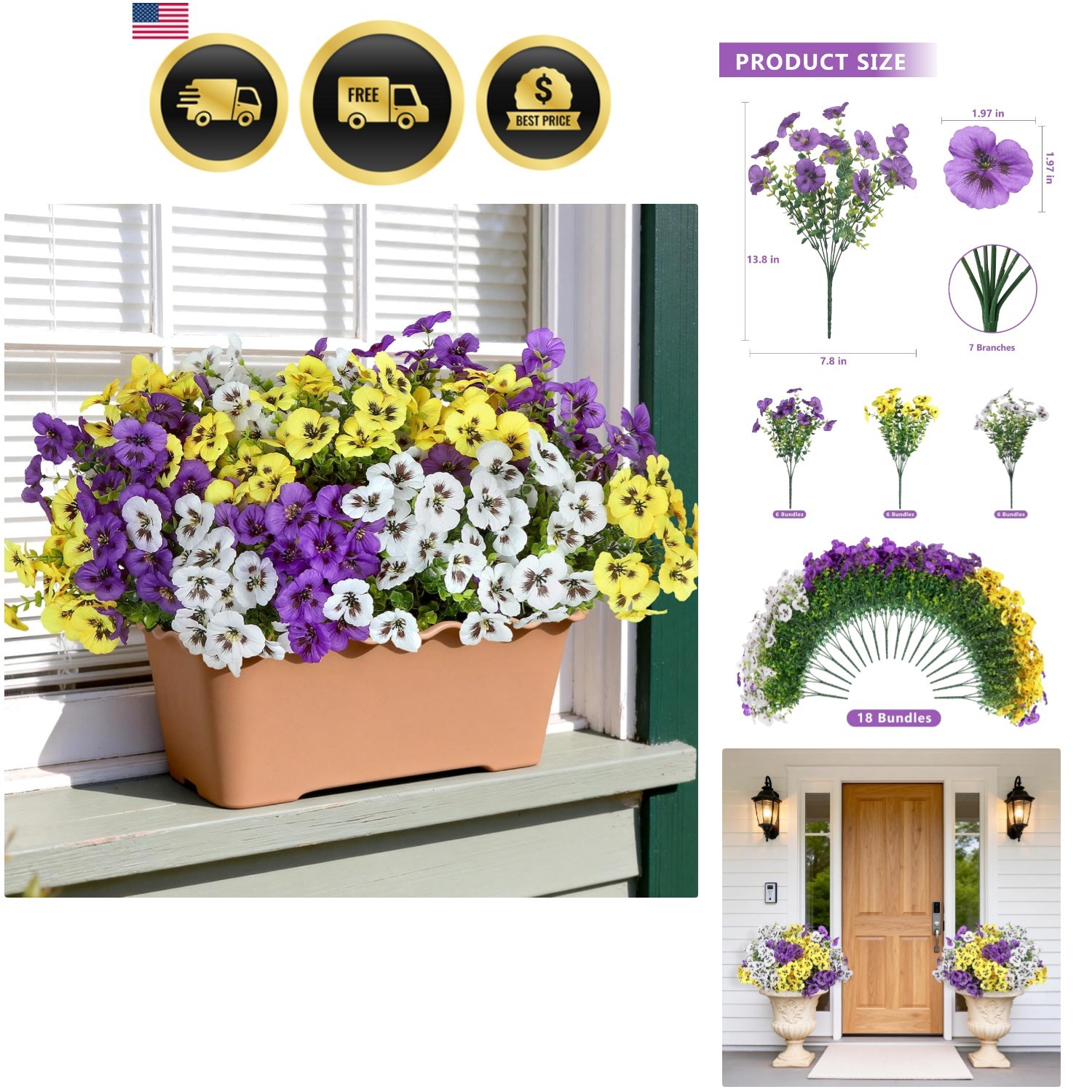 18 Pcs Artificial Flowers for Outdoors, UV Resistant Faux Silk Pansy Flowers,…